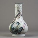 Chinese Porcelain vase, compressed ovoid body rising to a long neck with flared mouth rim, the