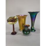 (lot of 4) Lundberg Studios art glass vase group, one having a floral form with an onion skin rim,