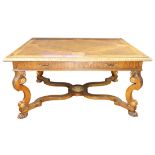 Italian Alberto Issel partial gilt library table, the large marquetry decorated top with highly