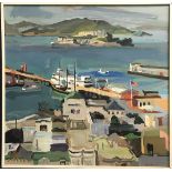 Geer Morton (American, b. 1935), "North Beach Toward Alcatraz," 1985, acrylic on canvas, signed