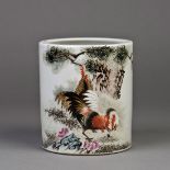 A Chinese porcelain brush pot, roosters under the pine tree , inscribed and with one "liu yucen"