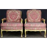 (lot of 2) Louis XV style Fortuny upholstered fauteuils, each having a gilt frame, continuing to the