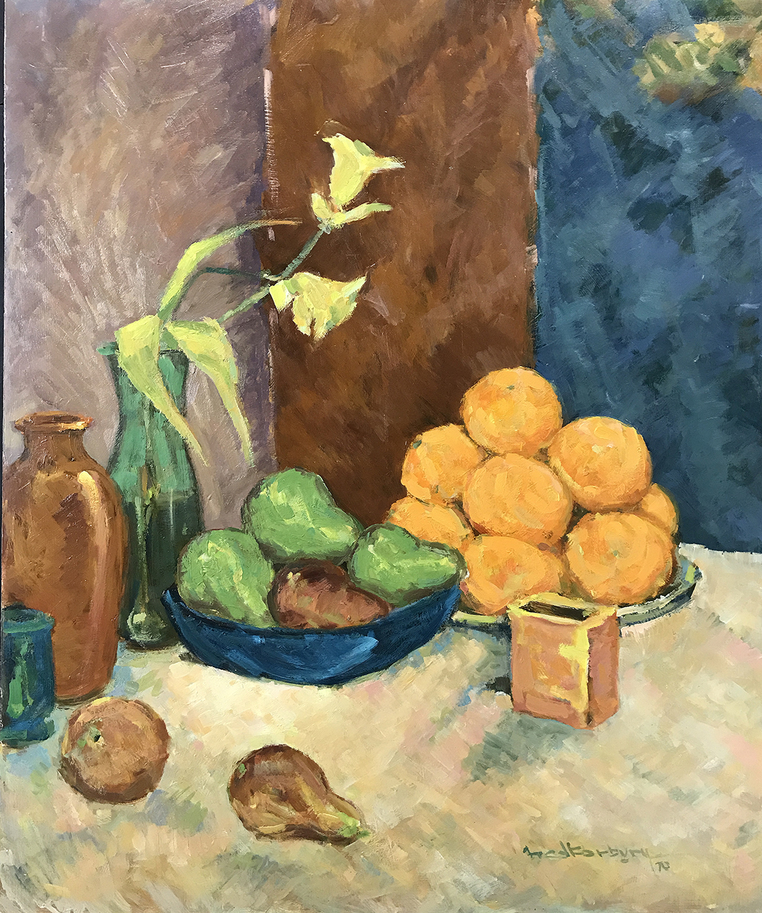 Fred Korburg (American/Danish, 1896-1986), "Still Life," 1970, acrylic on masonite, signed and dated