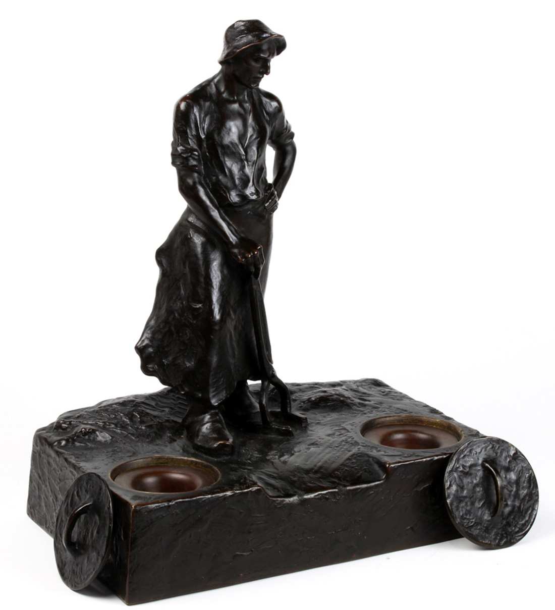 An Adolf Pohl (Austrian, 1872-1930) figural bronze inkwell, depicting a laborer gazing downward, - Image 4 of 6