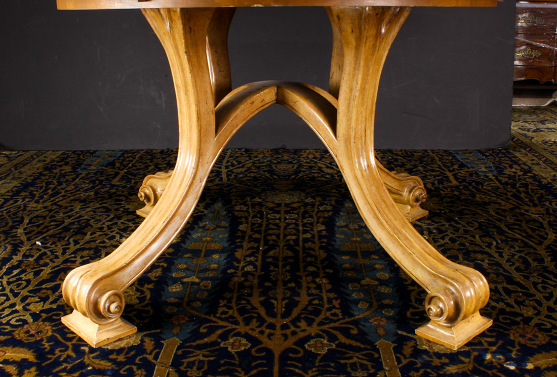 A Therien Studio Volute walnut circular dining table in the Italian Rococo style, the outset round - Image 4 of 4