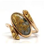 Gold-in-quartz, natural gold nugget, 14k yellow gold ring Centering (1) oval gold-in-quartz