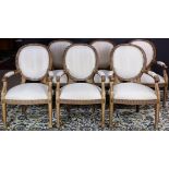 (lot of 6) Modern Italian Neoclassical style carved wood open armchairs, each having a balloon back,