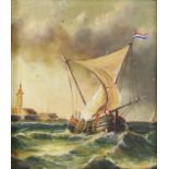 Dutch School (18th century), Untitled (Ship Weathering a Storm), oil on board, unsigned, sight: 3"