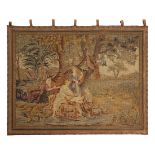 A continental scenic tapestry, in the Flemish taste circa 1870, depicting a genre scene at waters