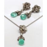 Emerald, diamond, 14k white gold, silver jewelry suite Including 1) necklace, suspending (1) emerald