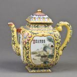 A Chinese famille-rose enameled teapot with cover, the body painted with landscape and inscribed