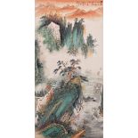 Chinese painting, after Heyin , depicting mountainous landscape by the riverside, ink and color on