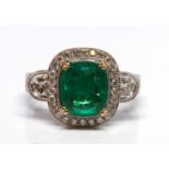 Emerald, diamond, 18K white gold ring