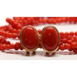Coral, cultured pearl, ruby, 14k yellow gold jewelry suite