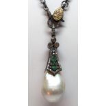 Cultured pearl, emerald, diamond, blackened silver pendant-necklace