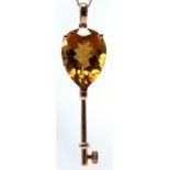 Citrine, diamond, 14k rose gold key pendant