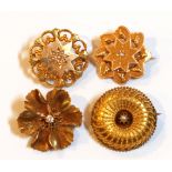 (Lot of 4) Victorian diamond, seed pearl, yellow gold brooches