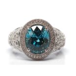 Blue Zircon, diamond, 14k white gold ring