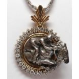 Diamond, 14k gold, sterling silver, equestrian pendant-necklace