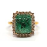Carved emerald, diamond, 18k yellow gold ring