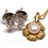 (Lot of 2) diamond, white stone, cultured pearl, gold jewelry