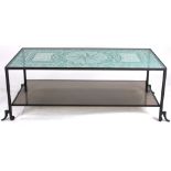 A custom etched glass cocktail table