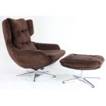 Modern wing back swivel chair with ottoman circa 1970