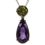 Amethyst, peridot, 14k white gold pendant