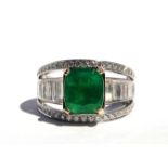 Emerald, diamond, 18K white gold ring