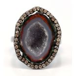 Agate geode, diamond, blackened silver ring