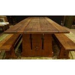 (lot of 3) An Arts And Crafts redwood table and benches
