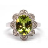 Peridot, diamond, 14k white gold ring