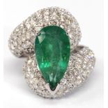 Emerald, diamond, 18k white gold ring