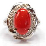 Coral, diamond, 14k white gold ring