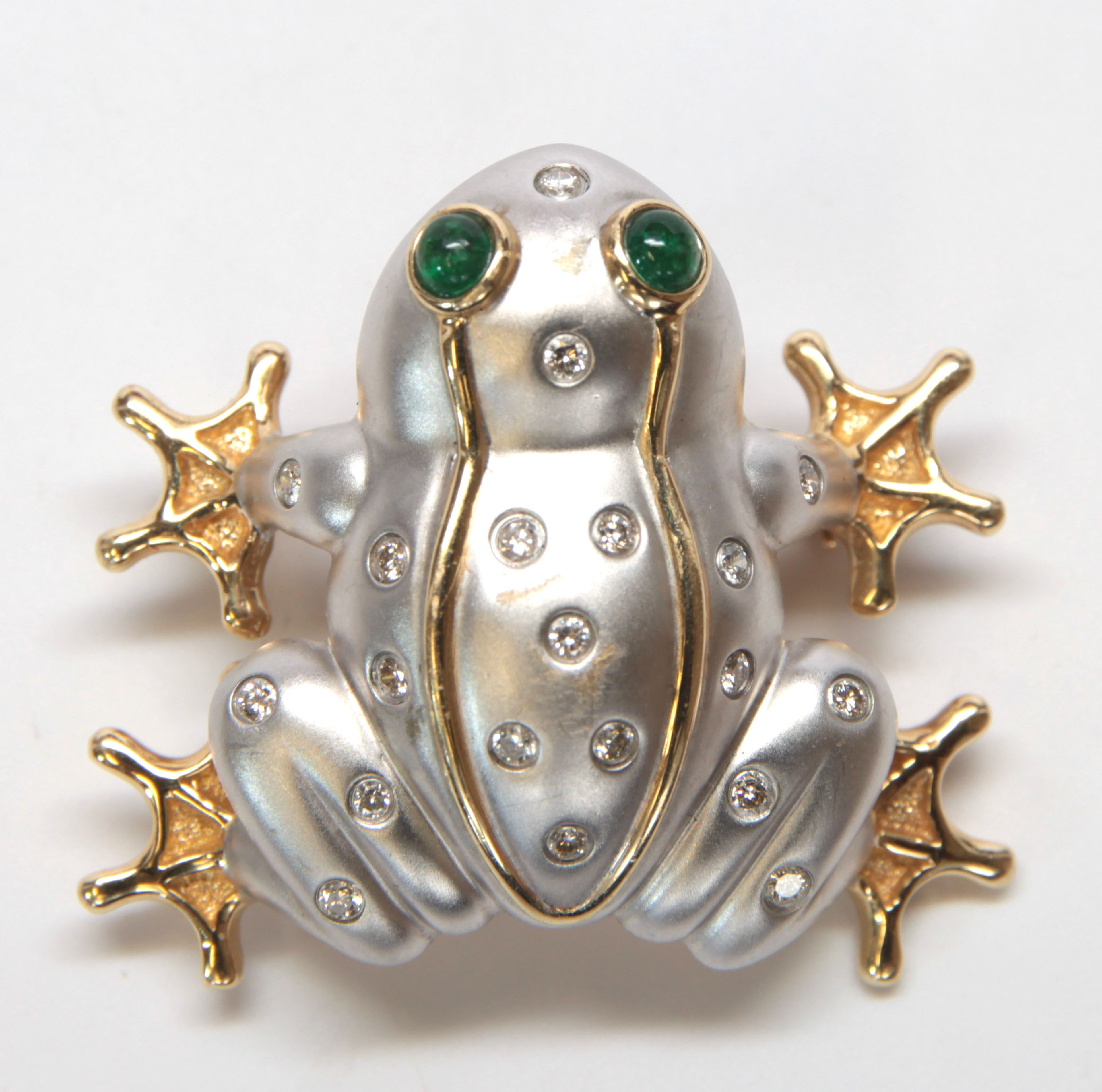 Diamond, emerald, 14k gold frog pendant-brooch