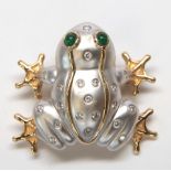 Diamond, emerald, 14k gold frog pendant-brooch