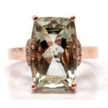 Green quartz, diamond, 14k rose gold ring