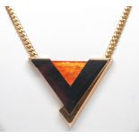 Carved black onyx, fire opal, yellow gold necklace