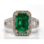 Emerald, diamond, 18k white gold ring