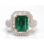 Emerald, diamond, 18k white gold ring