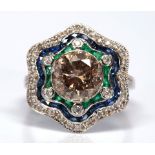 Diamond, emerald, sapphire, platinum ring