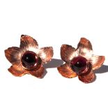 Pair of garnet, 14k gold flower earrings with jackets