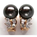 Pair of Tahitian cultured pearl, diamond, 18k yellow gold earrings