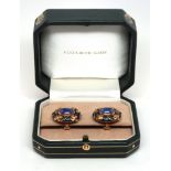 Pair of Elizabeth Gage tanzanite, enamel, 18k yellow gold earrings