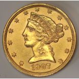 U.S Gold $5.00 "Half Eagle" 1907, Liberty Head