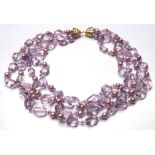 Amethyst, rock crystal quartz, cultured pearl, 14k yellow gold multi-strand necklace