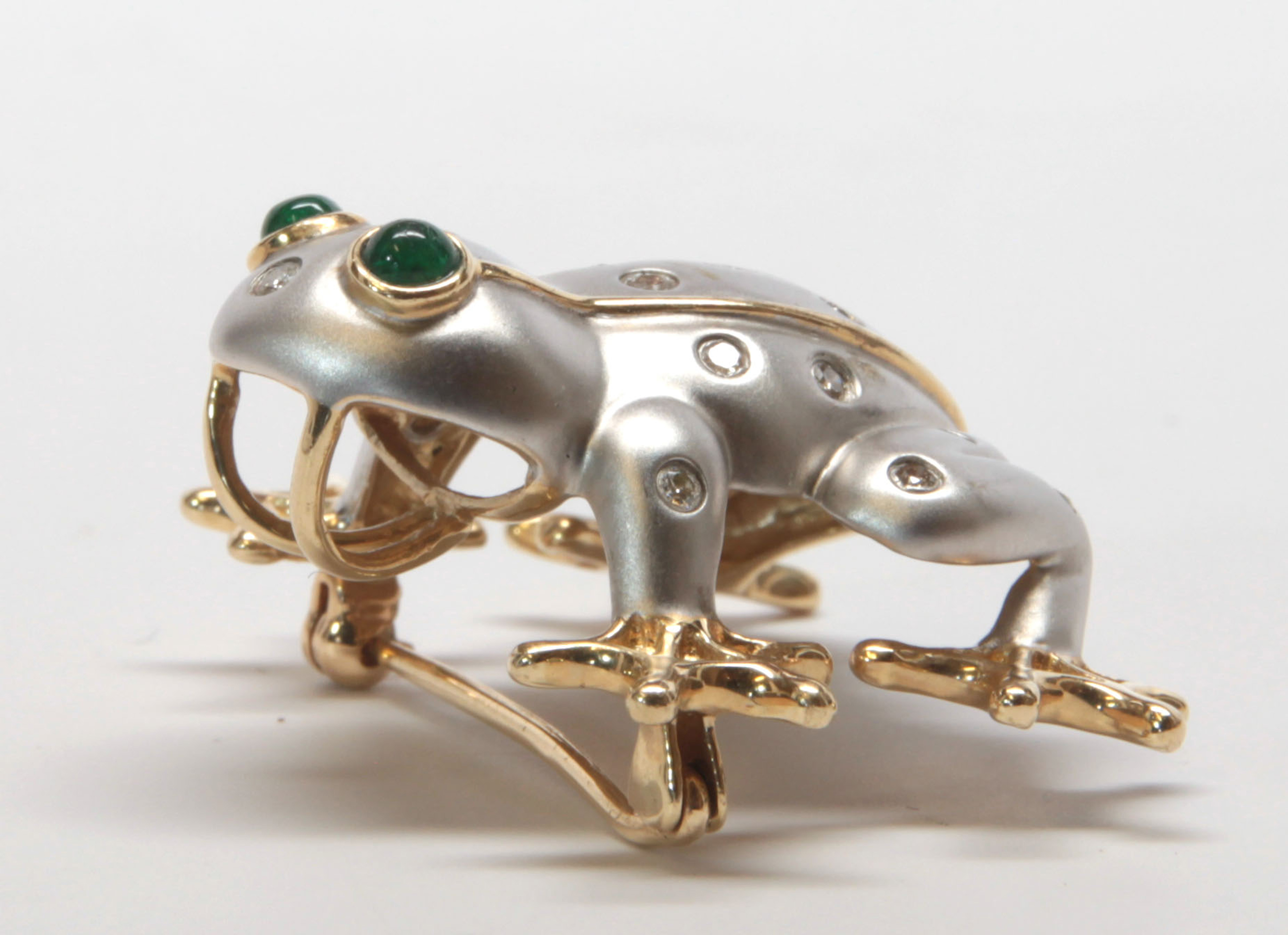 Diamond, emerald, 14k gold frog pendant-brooch - Image 3 of 4