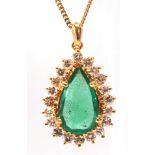 Emerald, diamond, 14k yellow gold pendant-necklace