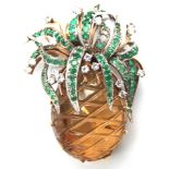 Citrine, emerald, 18k white gold pineapple brooch
