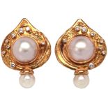 Pair of Elizabeth Gage mabe cultured pearl, diamond, 18k yellow gold earrings